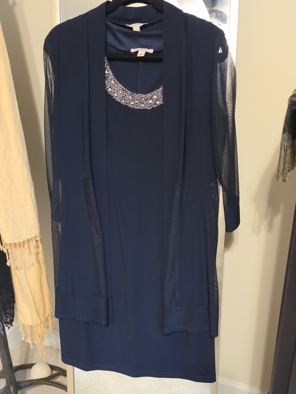 CB Est. 1962 Navy Embellished Neckline Dress with Sheer Cardigan Sz 8 GORGEOUS
